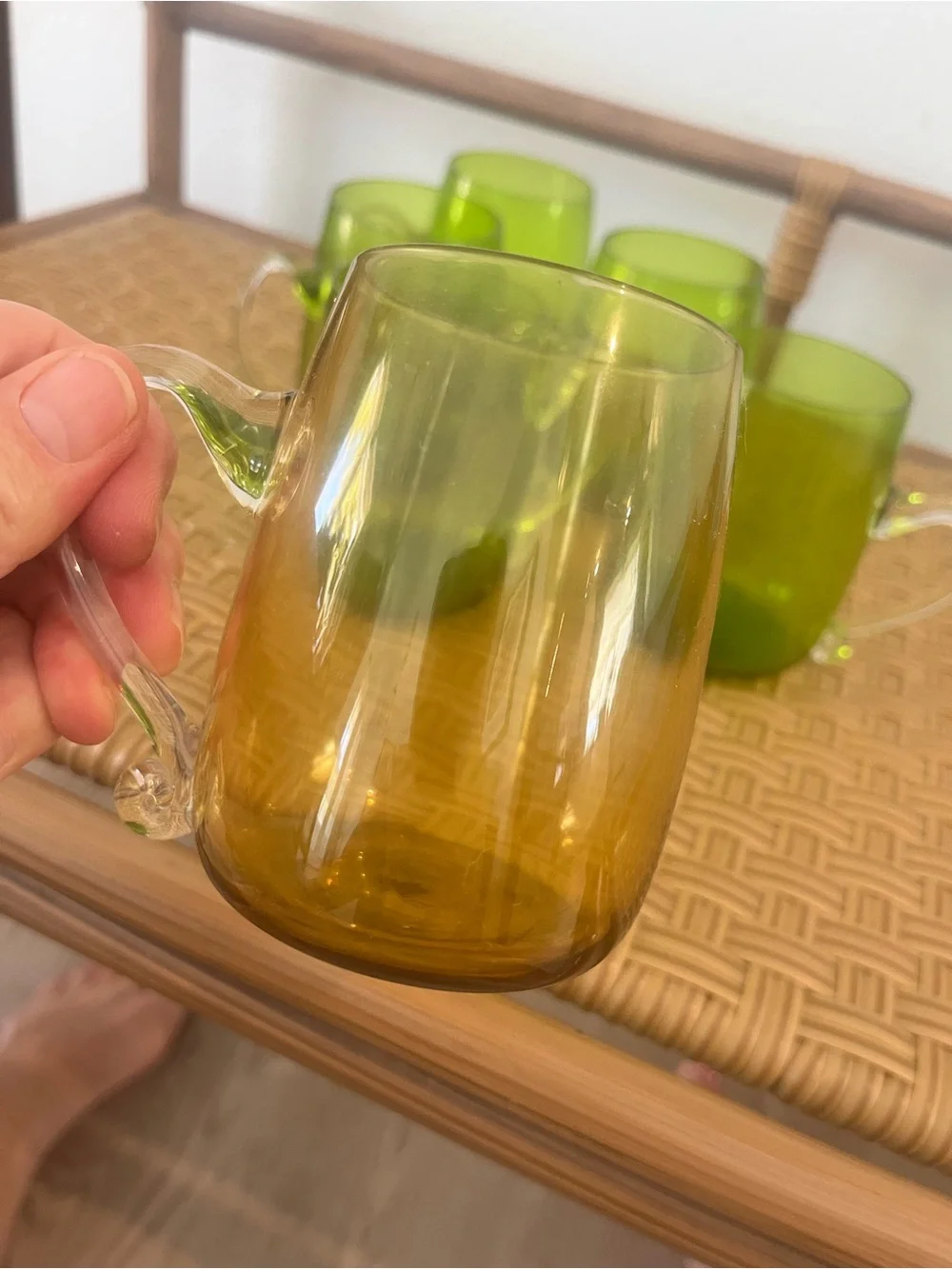 Vintage Mid-Century Modern Hand Blown Glass Supplied Handle Mugs Set Of Six